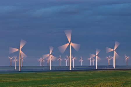 wind power turbines on a hill in morning