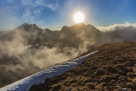 Sunset over the Fagaras Mountains, Romania. In background the Negoiu Peak  2535mの写真素材