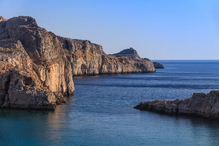 Beautiful cove at St Pauls Bay Lindos Rhodes Greece Europeの写真素材