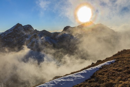 Sunset over the Fagaras Mountains, Romania. In background the Negoiu Peak  2535mの写真素材