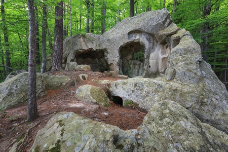 Old hermitage Agatonul Nou in ruins of Bozioru village. Buzau, Romaniaの写真素材
