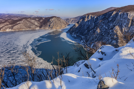 landscape in the Danube Gorges. Cazanele Mari seen from the Romanian sideの写真素材
