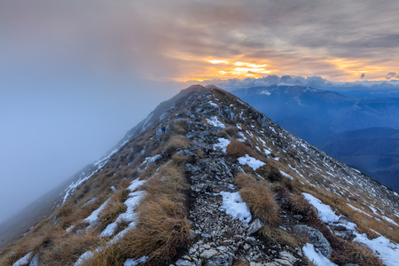 mountain landscape in sunset. Piatra Craiului Mountains, Romaniaの写真素材