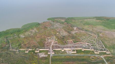 Roman ruins of Histria citadel. Dobrogea Romania. Aerial view.