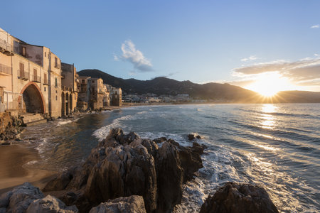 Sunet in Cefalu, medieval village of Sicily. Italyの写真素材