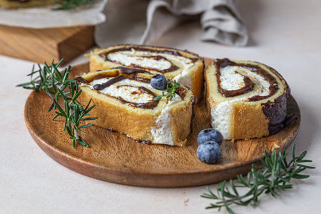 Sponge cake roll with chocolate and cream cheese decorated with chocolate glaze, blueberry and...
