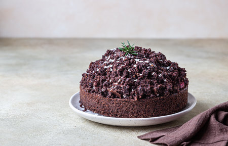 Homemade chocolate cake with cherry and whipped cream. Cake Mink mole or Mole hole cake. Selective focus.の写真素材