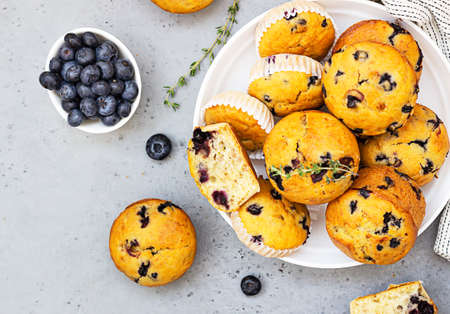 Healthy vegan banana blueberry muffins in a white ceramic bowl with fresh berries, thyme and mint. Gray concrete background. Top view.の写真素材