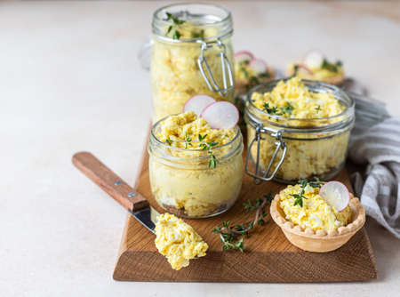 Tartlets with egg pate or salad and radish and thyme on light stone background. Egg dip in glass jar.の写真素材
