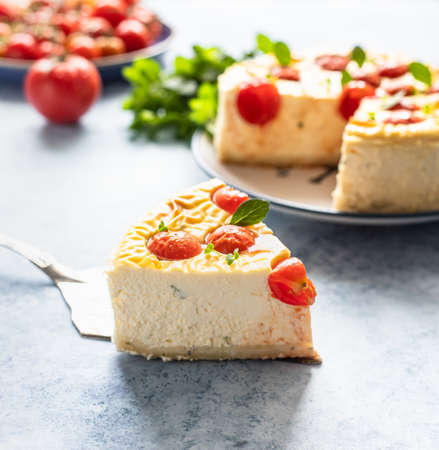 Piece of savory tomato cheesecake with herbs decorated mint, blue concrete background. Selective...