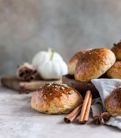 Sweet pumpkin buns with cinnamon and anise, light concrete background. Selective focus.の写真素材