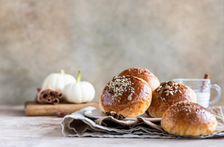 Sweet pumpkin buns with cinnamon and anise, light concrete background. Selective focus.の写真素材