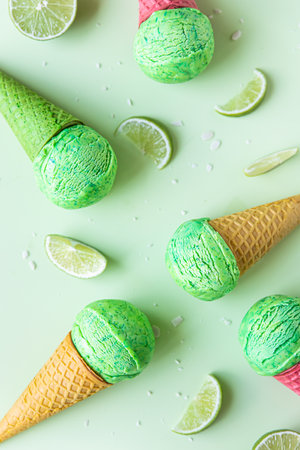 Homemade green ice cream with lime and mint in green waffle cone. Summer dessert. Top view.の写真素材