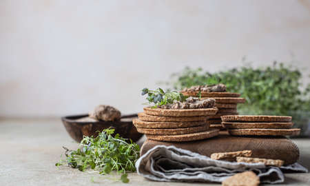 Homemade meat or chicken liver pate with multigrain crackers and microgreen, concrete background.の写真素材