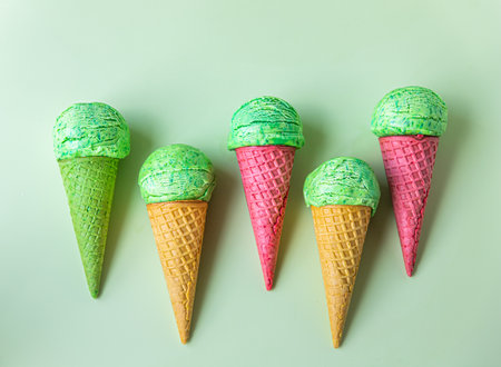 Homemade green ice cream with lime and mint in waffle cones on green pastel background. Summer...