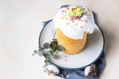 Easter composition with traditional Orthodox sweet bread. Kulich decorated with meringue icing, sugar sprinkles and eucalyptus.の写真素材