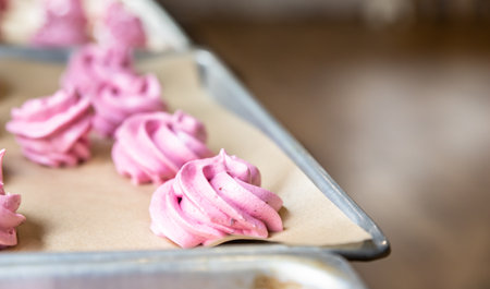 The process of making zephyr marshmallow. Stabilization of zephyr mass before packaging on tray. Fresh pink marshmallow roses. Homemade healthy sweets.の写真素材