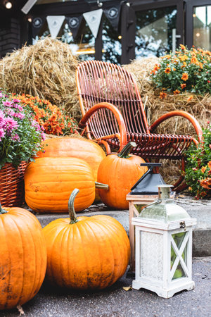 Autumn decorations near a street cafe for Halloween, Thanksgiving, fall season. Composition with pumpkin, chrysanthemum and haystack. autumn still life. Cozy atmosphere.の写真素材