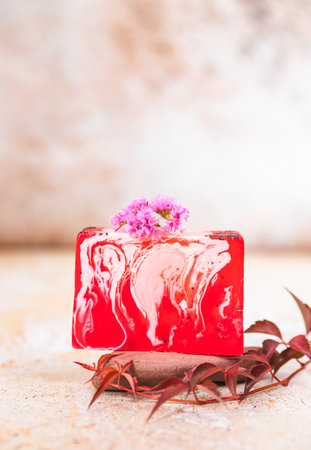 Natural organic soap bars. Homemade cosmetics, eco-friendly spa, beauty skincare concept. Small business, ethical shopping idea. pastel composition. Beige background.の写真素材