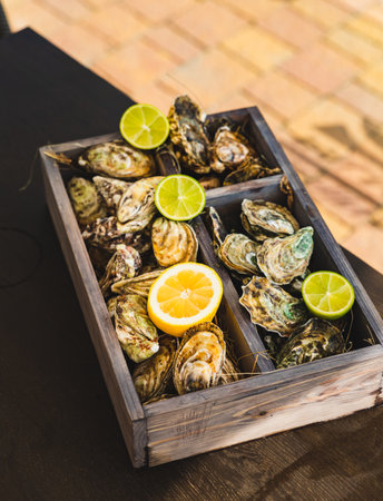 A variety of fresh oysters with lime and lemon in a wooden box. fresh seafood. outdoor cafe terrace....