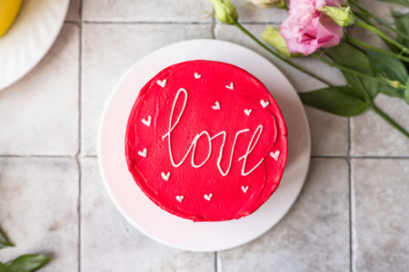 Bento cake with inscription Love and hearts. Small Korean style cake for one person. A cute dessert...