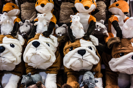 a lot of cuddly stuffed animals arranged in rowsの写真素材