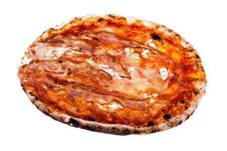 a delicious pizza with speck and smoked cheese isolated over a white の写真素材