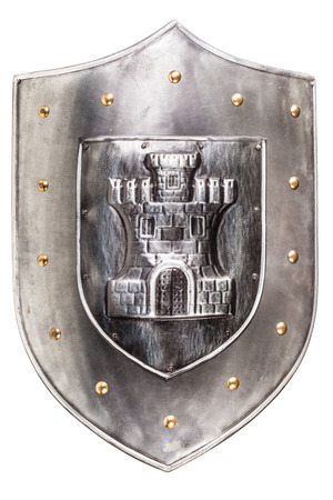 a medieval iron shield isolated over a white backgroundの写真素材