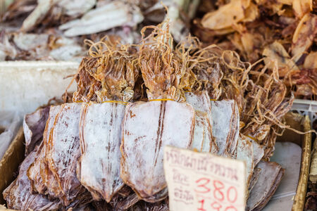 dried seafood on sale in a thai street market in Bangkok, Thailand