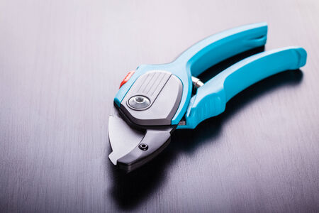 studio shot of blue garden secateurs over a dark surfaceの写真素材