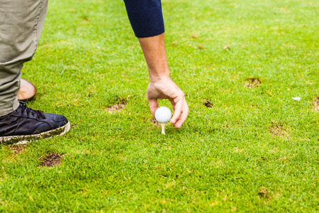 a golf player planting the tee on the fairway