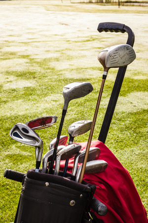a wheeled golf bag full of golf clubs of a vibrant golf courseの写真素材
