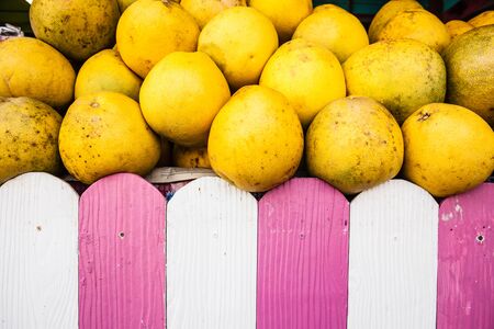 a big heap of guava tropical fruit on a stall in thailandの写真素材