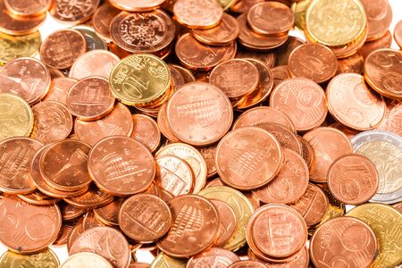 close up shot of a heap of euro cent coins of different denominations