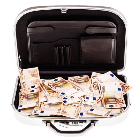a metal suitcase filled with a lot of 50 euro banknotes isolated over a white background
