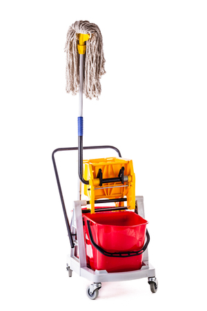 a professional mop bucket cart isolated over a white backgroundの写真素材