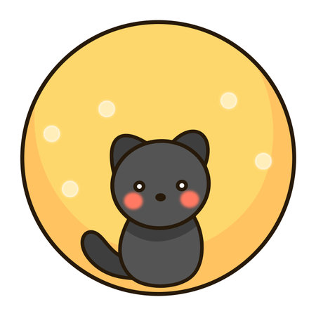 Cartoon of a black cat sitting in a yellow moon circle.のイラスト素材