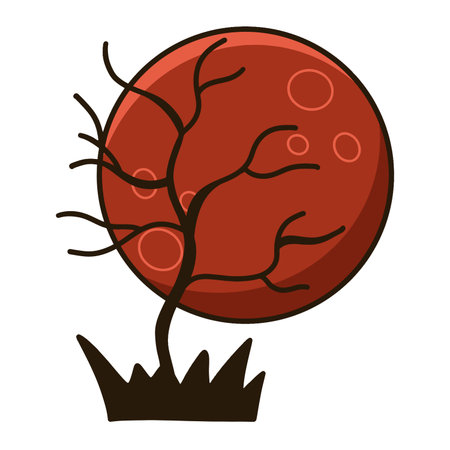 The red moon has a black shadow tree in front of it.のイラスト素材