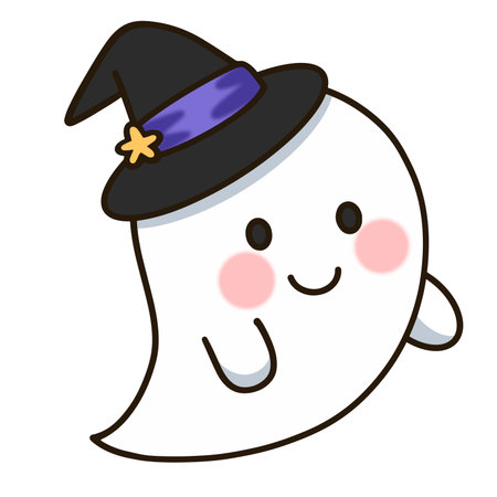 Cartoon ghost wearing a witch hat with stars on itのイラスト素材