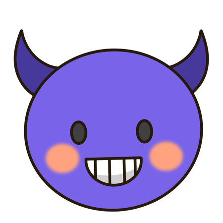 A cute purple demon face with horns and a smile on its face.のイラスト素材