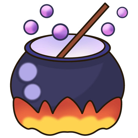Cartoon of a witch's cauldron on a fire with a paddle and bubbles rising up.のイラスト素材