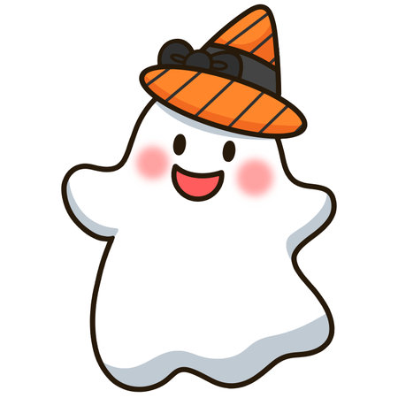 Cartoon of a ghost wearing an orange witch hat and a black bow tieのイラスト素材