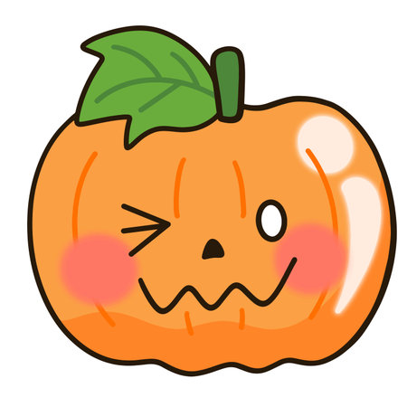 The cartoon pumpkin has a playful face with green leaves on top.のイラスト素材