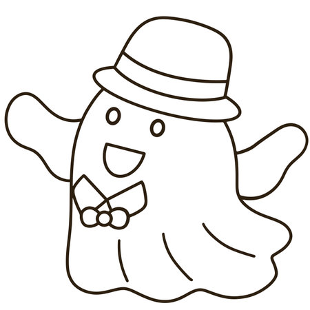 Coloring page of a cartoon ghost wearing a hat and a bow tie in a suitのイラスト素材