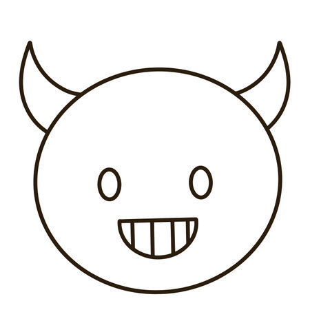Black line icon of a cartoon demon face with horns and a smile.のイラスト素材