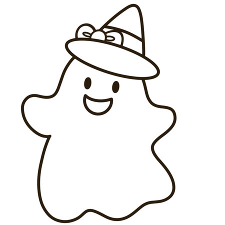 Black line icon of a cartoon ghost wearing a hat and bow tie and a smile on his face.のイラスト素材