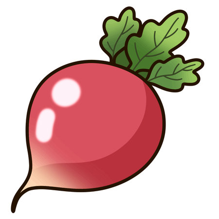 A red and yellow radish cartoon with green leaves on it.のイラスト素材