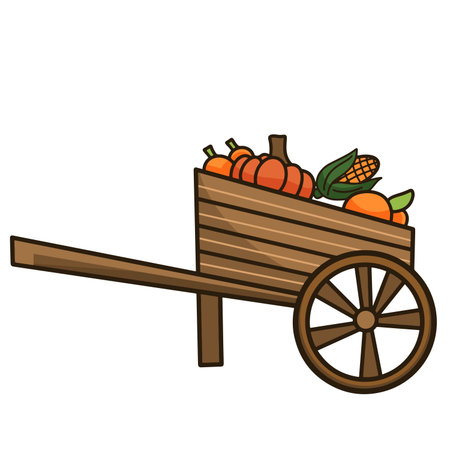 Wooden cart with pumpkins, corn and other vegetablesのイラスト素材