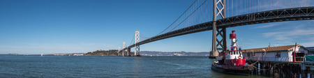 Panoramic View of Oakland Bridge with Boat in foreground