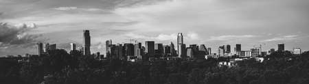 Black and White Panorama of Downtown Austin Skyline With Clouds From the Westの写真素材